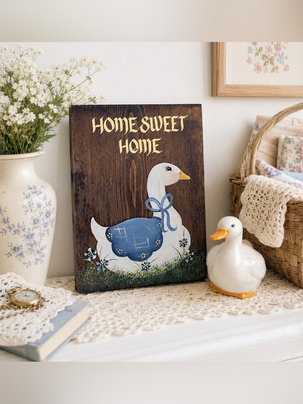 Hand Painted Vintage Goose Wood Plaque Sign 9x12 Cottagecore Grandma Core Decor